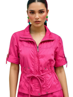 Talie Short Sleeve Hot Pink Utility Jacket with Waist Tie Size M